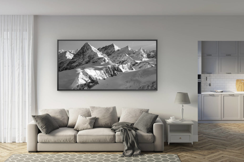 déco salon rénové - tendance photo montagne grand format - Photo de neige en montagne noir et blanc - Tirage photo à encadrer en vue panoramique - photo de montagne à vendre - Dent Blanche - Weisshorn - Zinalrothorn - Obergabelhorn