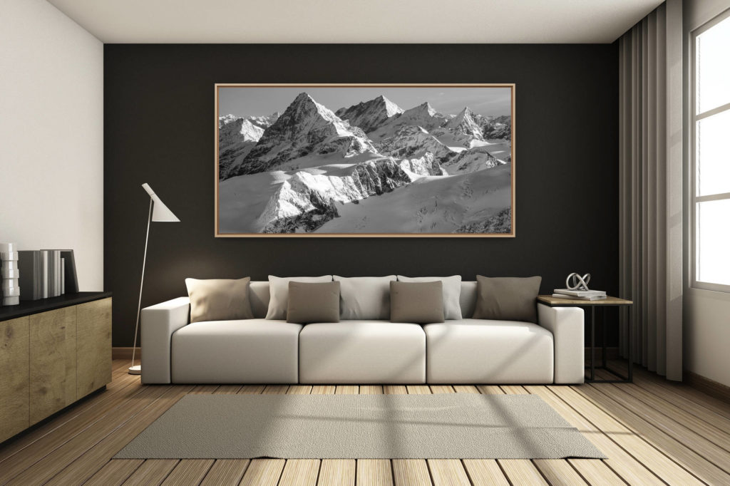 déco salon chalet rénové de montagne - photo montagne grand format -  - Photo de neige en montagne noir et blanc - Tirage photo à encadrer en vue panoramique - photo de montagne à vendre - Dent Blanche - Weisshorn - Zinalrothorn - Obergabelhorn