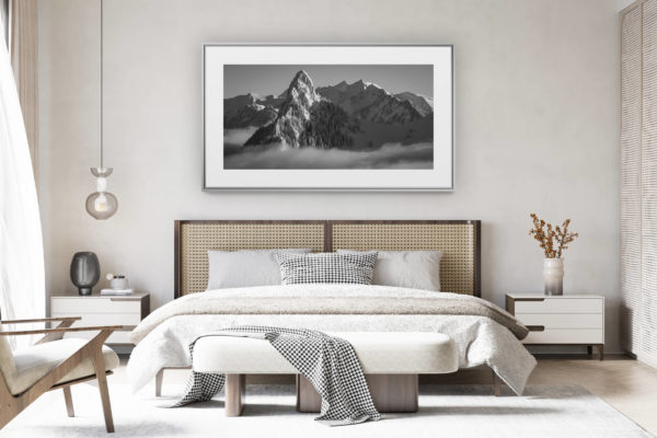 decorating a room in a renovated Swiss chalet - panoramic mountain photo - Photo of the Dent du Broc - The Dent du Broc in winter with a sea of clouds