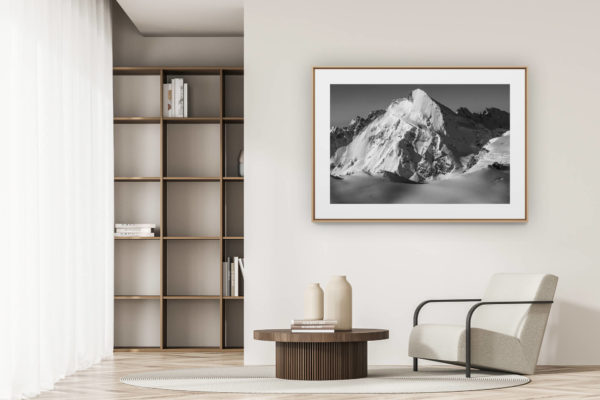déco tendance salon moderne - photo montagne noir et blanc grand format - Val d hérens - Dent d'Hérens - image de montagne- Vue du Theodulpass