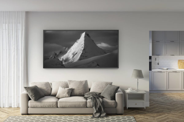 déco salon rénové - tendance photo montagne grand format - Image neige montagne noir et blanc - Panorama des Alpes -  Soleil  de l'Aube et du crépuscule sur Dent D'Hérens