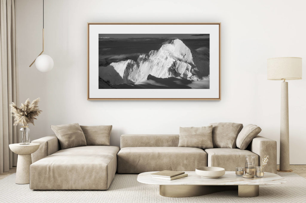 décoration salon clair rénové - photo montagne grand format - Photo de lever de soleil en montagne panoramique noir et Blanc - Dent D'Hérens