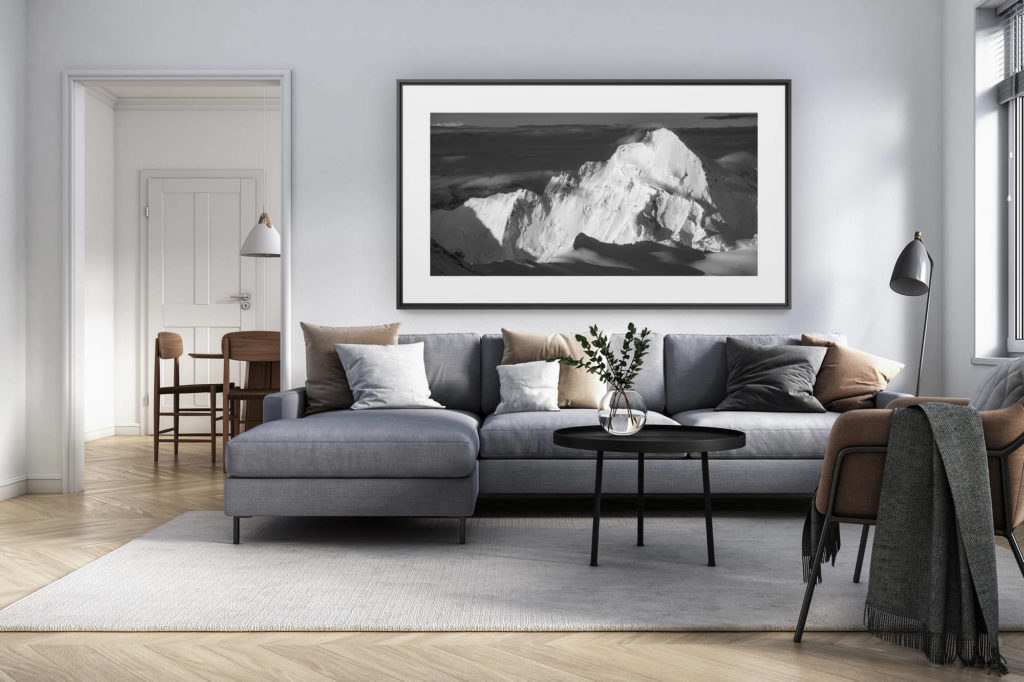 décoration intérieur salon rénové suisse - photo alpes panoramique grand format - Photo de lever de soleil en montagne panoramique noir et Blanc - Dent D'Hérens