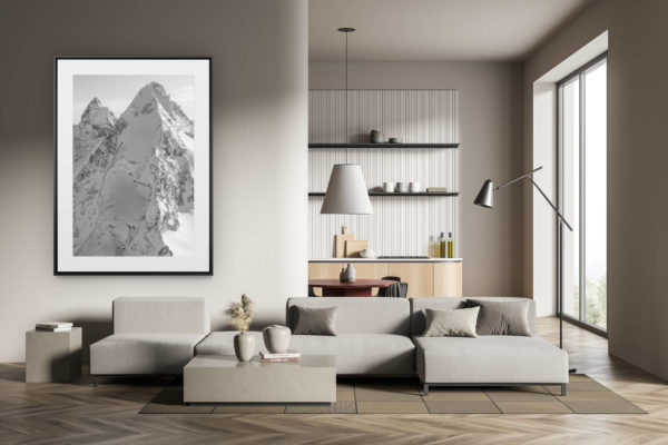 déco tendance salon moderne - photo montagne noir et blanc grand format - Cervin Val d'Hérens - Photo noir et blanc des montagnes Alpines de Zermatt dans le Valais