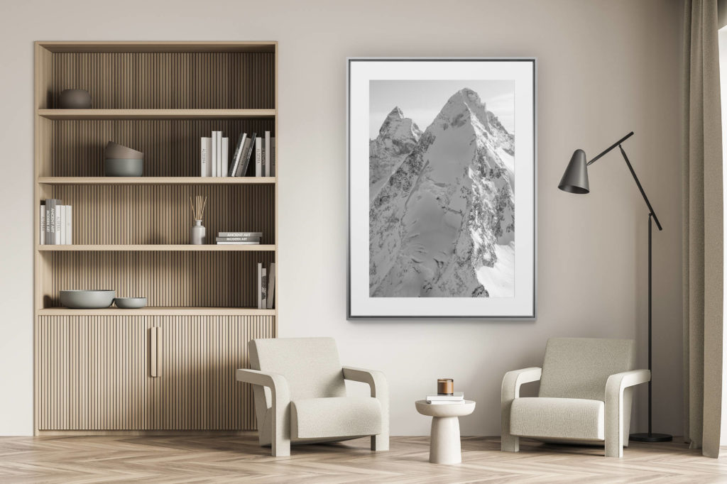 décoration murale salon - photo montagne alpes suisses noir et blanc - Cervin Val d'Hérens - Photo noir et blanc des montagnes Alpines de Zermatt dans le Valais