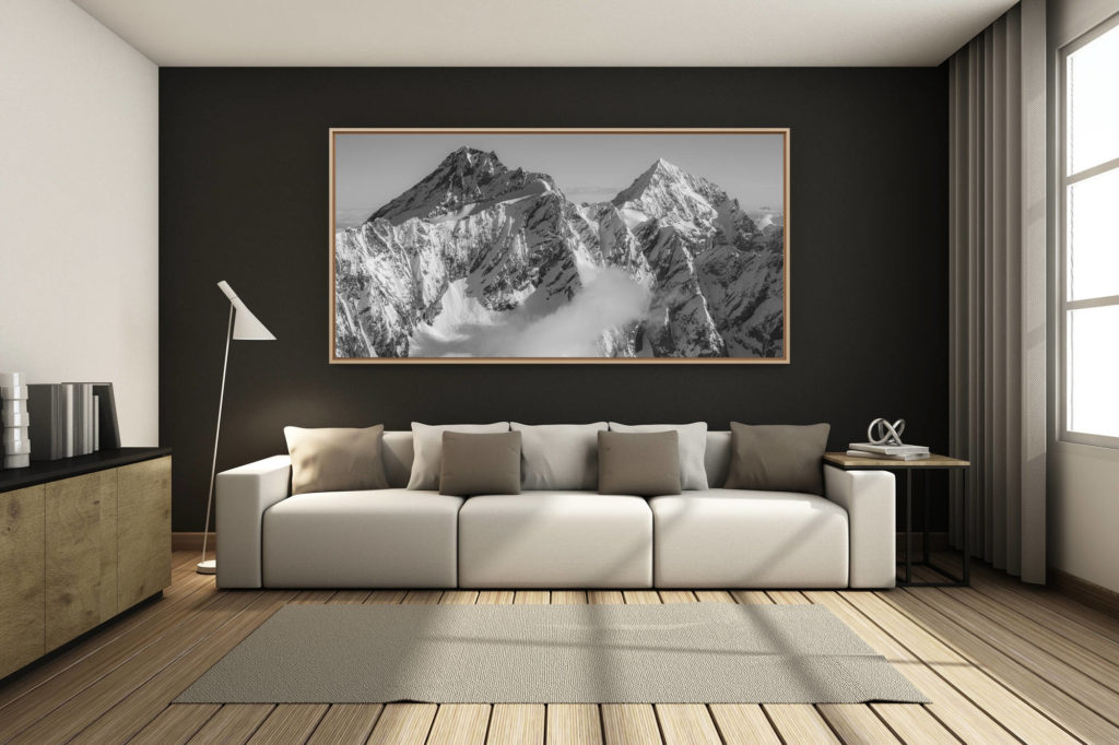 déco salon chalet rénové de montagne - photo montagne grand format -  - Dent d'Hérens - Dent Blanche - Tableau photo des montagnes de Zermatt et Crans Montana et montagne en neige dans les Alpes Suisse