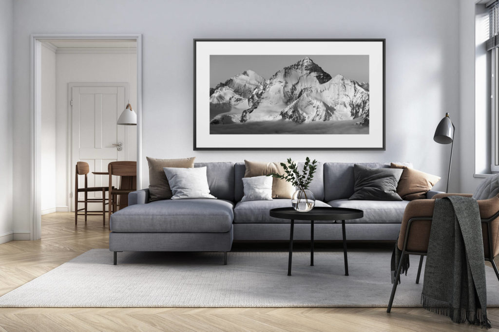 décoration intérieur salon rénové suisse - photo alpes panoramique grand format - photo paysage montagne Val d'Anniviers - Dent d'Hérens - Dent Blanche - Grand Cornier