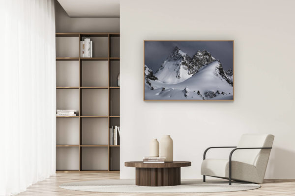 modern apartment decoration - art deco design - Dents de Bertol - image of snowy mountain and ski slopes ofArolla and Crans Montana in the Valais Alps in Switzerland