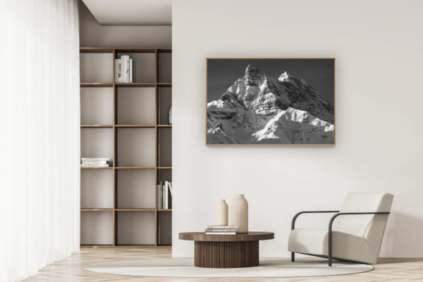 moderne Wohnungsdekoration - art deco design - Dents du Midi - Bild Berglandschaft - Sonnenstrahlen über dem Bergmassiv der Alpen in der Schweiz