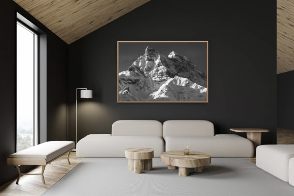 décoration chalet suisse - intérieur chalet suisse - photo montagne grand format - Dents du Midi - image paysage de montagne - Rayons de soleil sur le massif montagneux des Alpes en Suisse