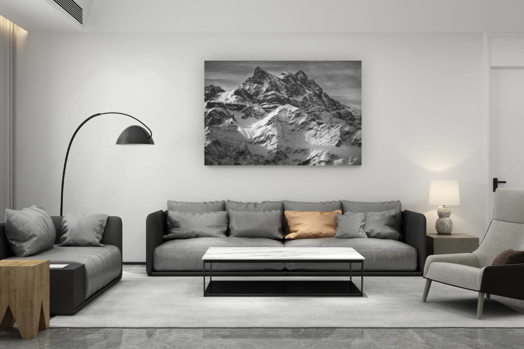 décoration salon contemporain suisse - cadeau amoureux de montagne suisse - Montagne hiver photo - Les Dents du Midi en noire t blanc depuis Villars dans les Alpes Vaudoises Canton de Vaud