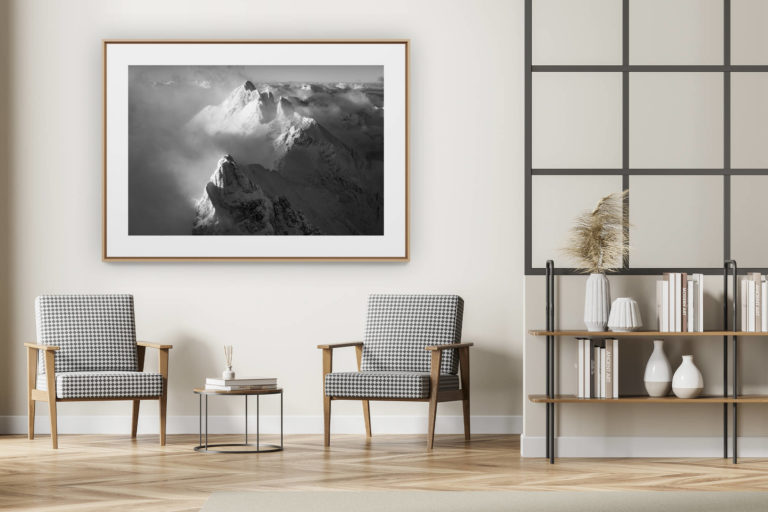 décoration intérieur moderne avec photo de montagne noir et blanc grand format - photo de montagne - les dents du midi - enneigée