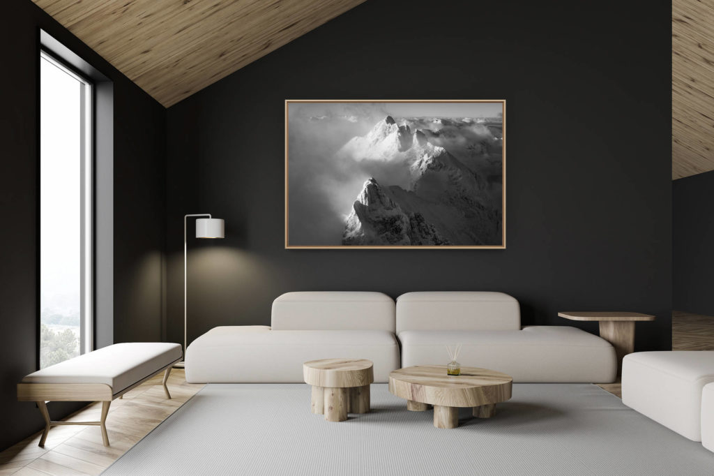 swiss chalet decoration - swiss chalet interior - large mountain photo - mountain photo - the dents du midi - snowy