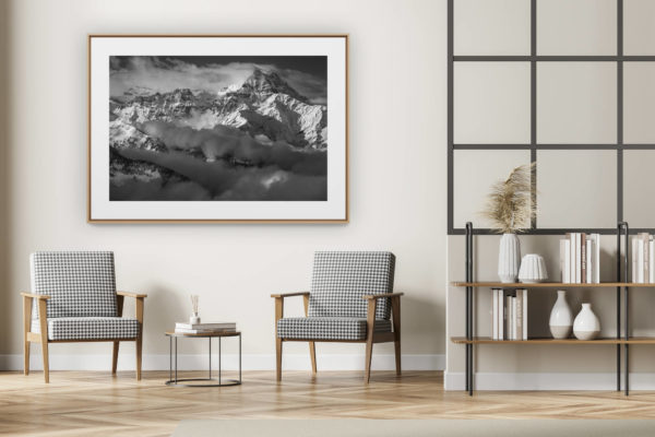 décoration intérieur moderne avec photo de montagne noir et blanc grand format - Vue panoramique des massif montagneux des Alpes et  des dents du midi