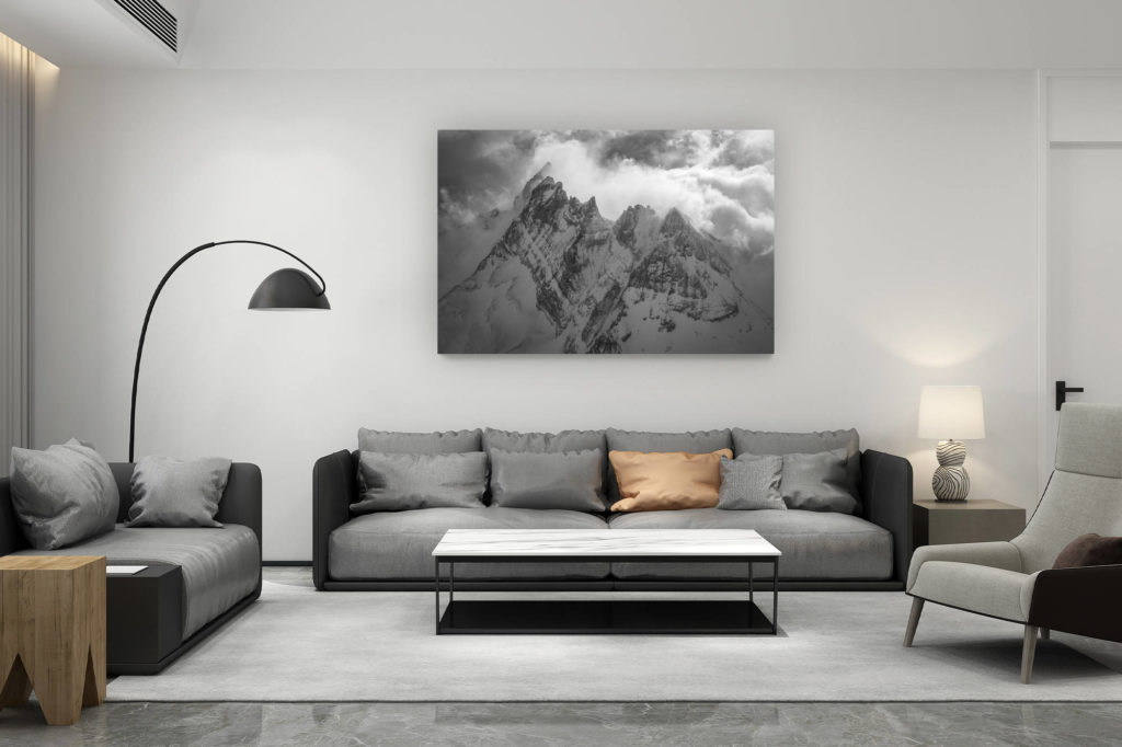 décoration salon contemporain suisse - cadeau amoureux de montagne suisse - Dents du Midi - Photo noir et blanc aérienne des sommets des Alpes lors d'un survol en hélicoptère