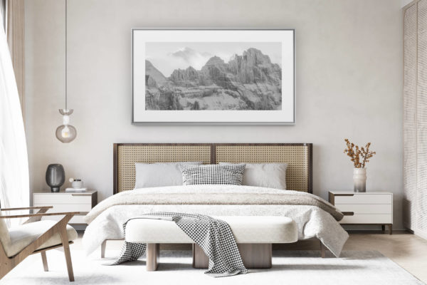 decorating a room in a renovated swiss chalet - panoramic mountain photo large size - Panoramic picture of the mont blanc Dents du midi in black and white - mont blanc photos