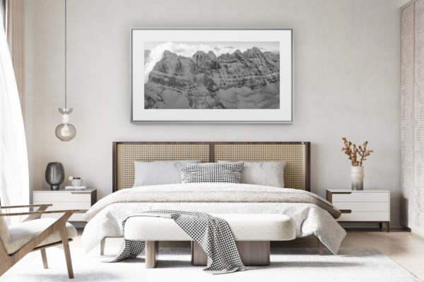 decorating a room in a renovated Swiss chalet - panoramic mountain photo - black and white panoramic mountain view of dents du midi, summit of the Alps