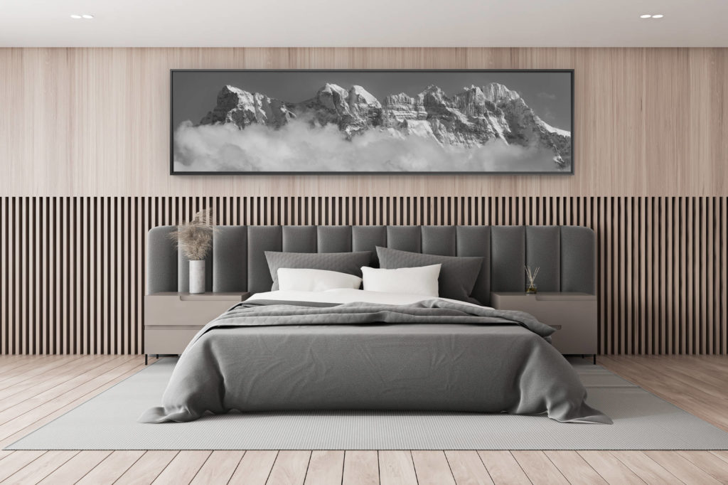 photo montagne noir et blanc - décoration chambre adulte - décoration chalet de montagne - montagne panorama des Dents du Midi - vue panoramique montagne Alpes Suisses
