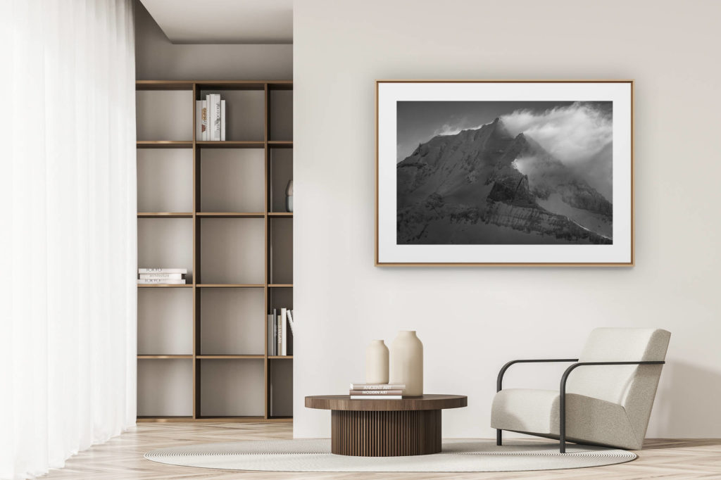 déco tendance salon moderne - photo montagne noir et blanc grand format - Doldenhorn en noir et blanc après une tempête de neige en montagne