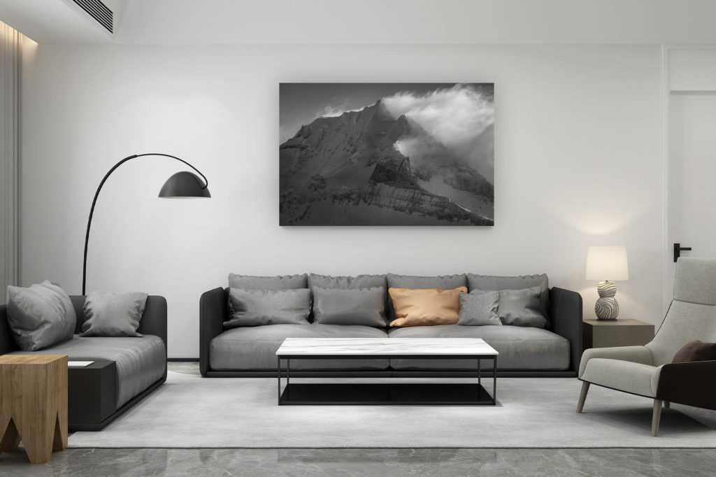 décoration salon contemporain suisse - cadeau amoureux de montagne suisse - Doldenhorn en noir et blanc après une tempête de neige en montagne