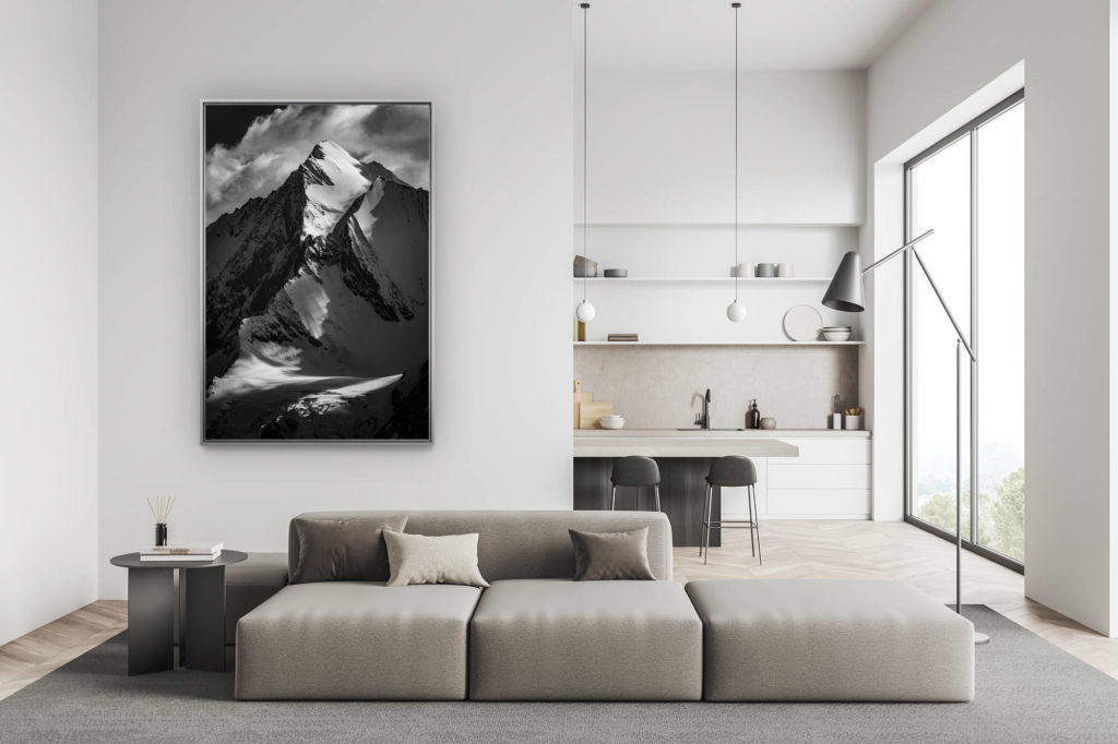 modern swiss living room decoration - mountain decoration large size photo - Saas-Fee valley - Photo Alps Valais Switzerland - Dom des Mischabels seen from Saastal