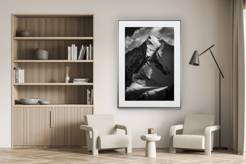 Wanddekoration Wohnzimmer - Bergfoto Schweizer Alpen schwarz-weiss - Saas-Fee-Tal - Foto Alpen Wallis Schweiz - Dom des Mischabels von Saastal aus gesehen