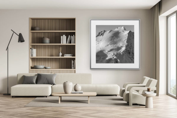 swiss chalet decoration - swiss chalet interior - large mountain picture - Dom des Mischabels - Black and white mountain picture in the Alps in snow