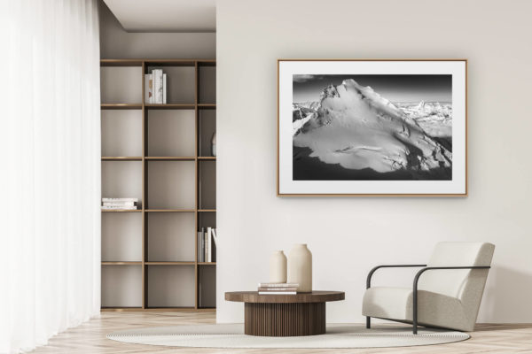 déco tendance salon moderne - photo montagne noir et blanc grand format - photo glacier montagne noir et blanc - photo du cervin - photo du dom sommet le plus haut suisse - montagne et neige