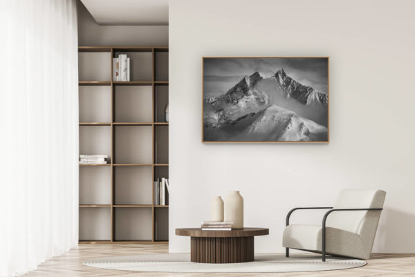 modern apartment decoration - art deco design - Image of fog in snowy mountain at Zermatt Saas Fee  in the Valais Alps - Dom - Taschhorn