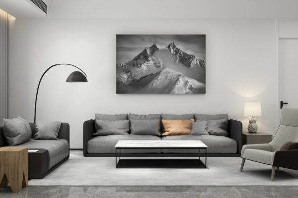 décoration salon contemporain suisse - cadeau amoureux de montagne suisse - Image de brouillard en montagne enneigée à Zermatt Saas Fee dans les Alpes Valaisannes - Dom - Taschhorn