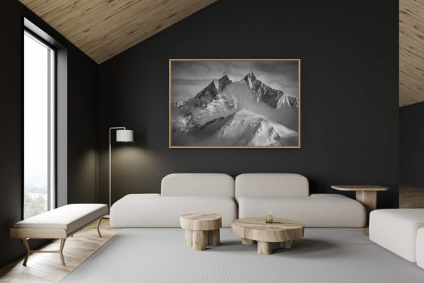 décoration chalet suisse - intérieur chalet suisse - photo montagne grand format - Image de brouillard en montagne enneigée à Zermatt Saas Fee dans les Alpes Valaisannes - Dom - Taschhorn