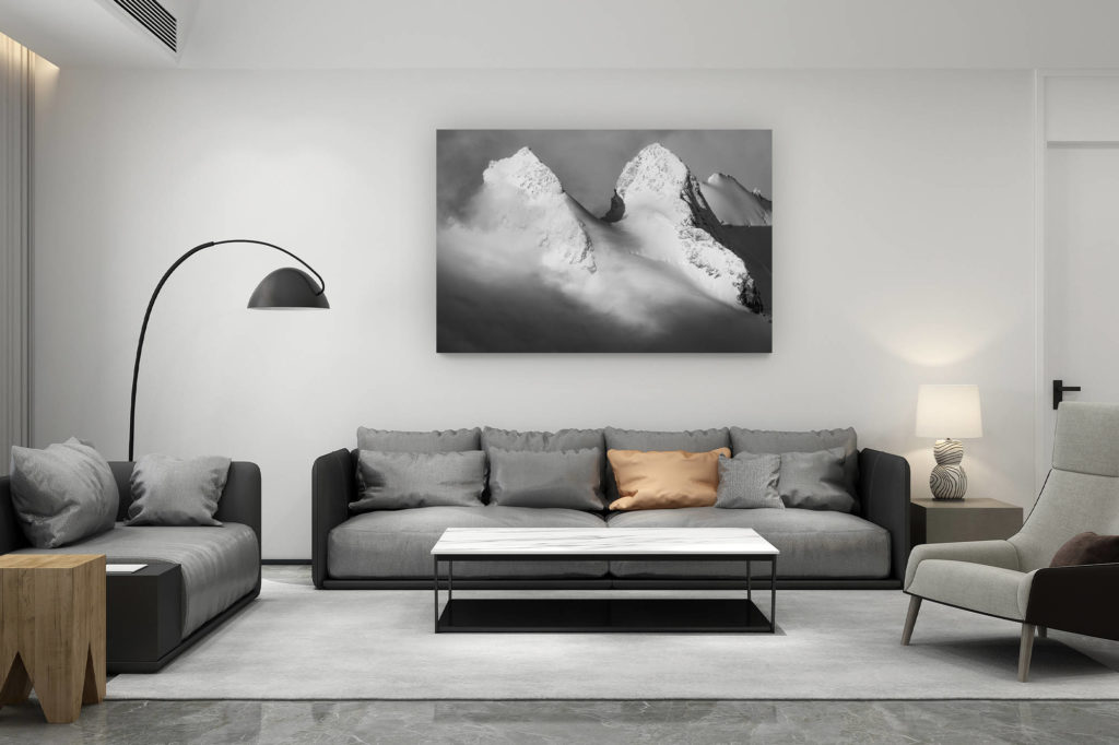 living room decoration contemporary - swiss mountain lover gift - L&#039;Engadine photo - black and white Davos mountain picture - Dschimels - I Gemelli