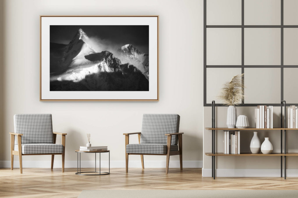décoration intérieur moderne avec photo de montagne noir et blanc grand format - Photo haute montagne - vallée de Zermatt - Dufourspitze - Zumsteinspitze