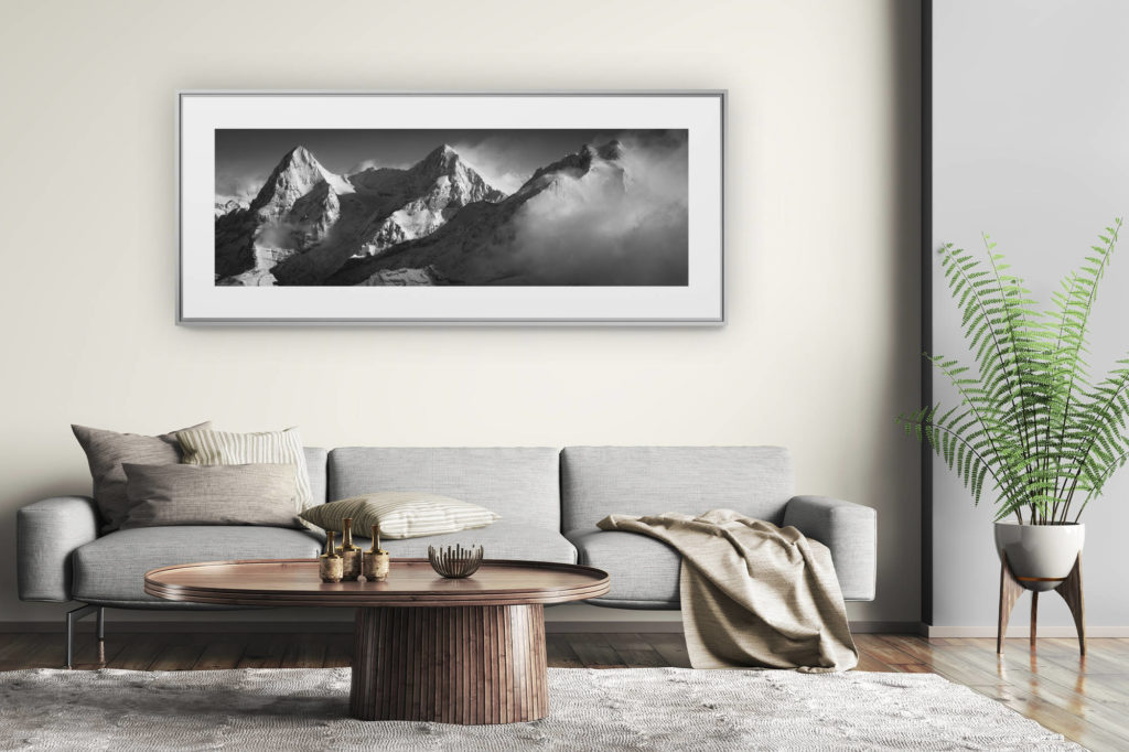tableau montagne grand format - décoration murale salon moderne - Panorama montagne eiger monch jungfrau - Photo panoramique montagne suisse - grindelwald