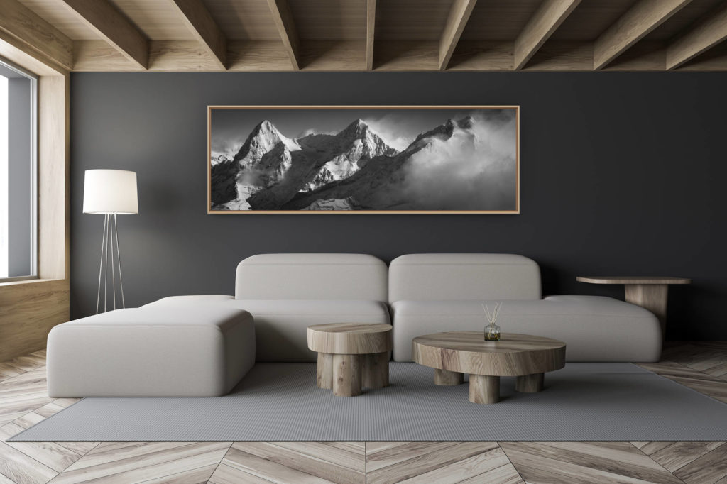 décoration salon chalet moderne - intérieur petit chalet suisse - photo montagne noir et blanc grand format - Panorama montagne eiger monch jungfrau - Photo panoramique montagne suisse - grindelwald
