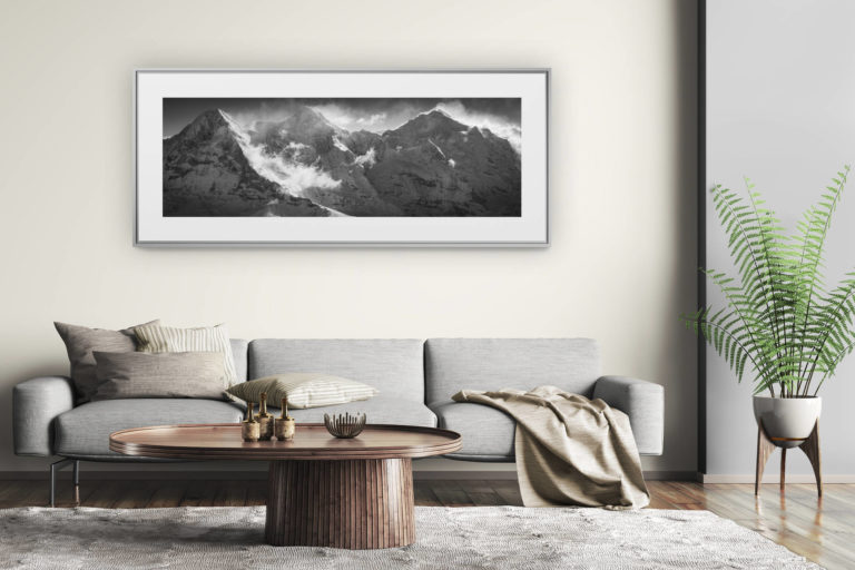 tableau montagne grand format - décoration murale salon moderne - Eiger Monch Jungfau panorama - Alpes suisses sommets - Photos de montagne grindelwald