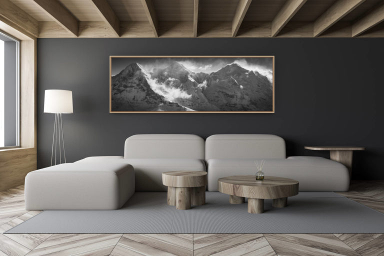 décoration salon chalet moderne - intérieur petit chalet suisse - photo montagne noir et blanc grand format - Eiger Monch Jungfau panorama - Alpes suisses sommets - Photos de montagne grindelwald