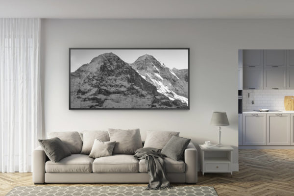 déco salon rénové - tendance photo montagne grand format - vue panoramique montagne Eiger face nord - Monch - images de neige en montagne