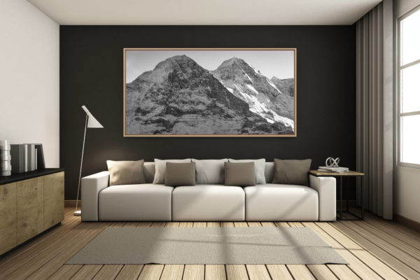 déco salon chalet rénové de montagne - photo montagne grand format -  - vue panoramique montagne Eiger face nord - Monch - images de neige en montagne