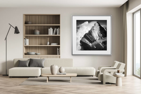 swiss chalet decoration - swiss chalet interior - large mountain picture - Photo Eiger Mittellegi mountain black and white winter