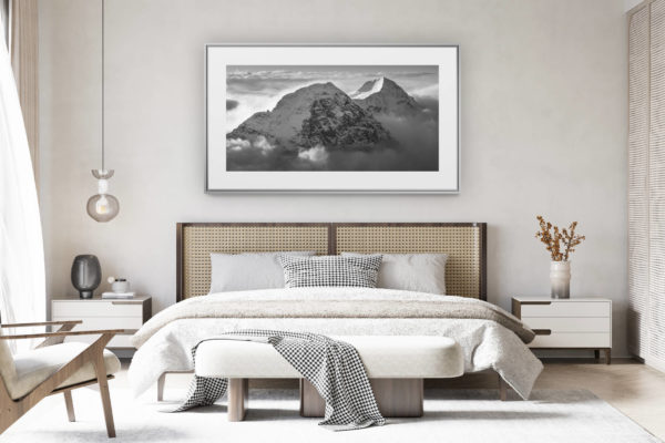 decorating a room in a renovated Swiss chalet - large panoramic mountain photo - Eiger photos north face - eiger monch - sea of clouds mountain