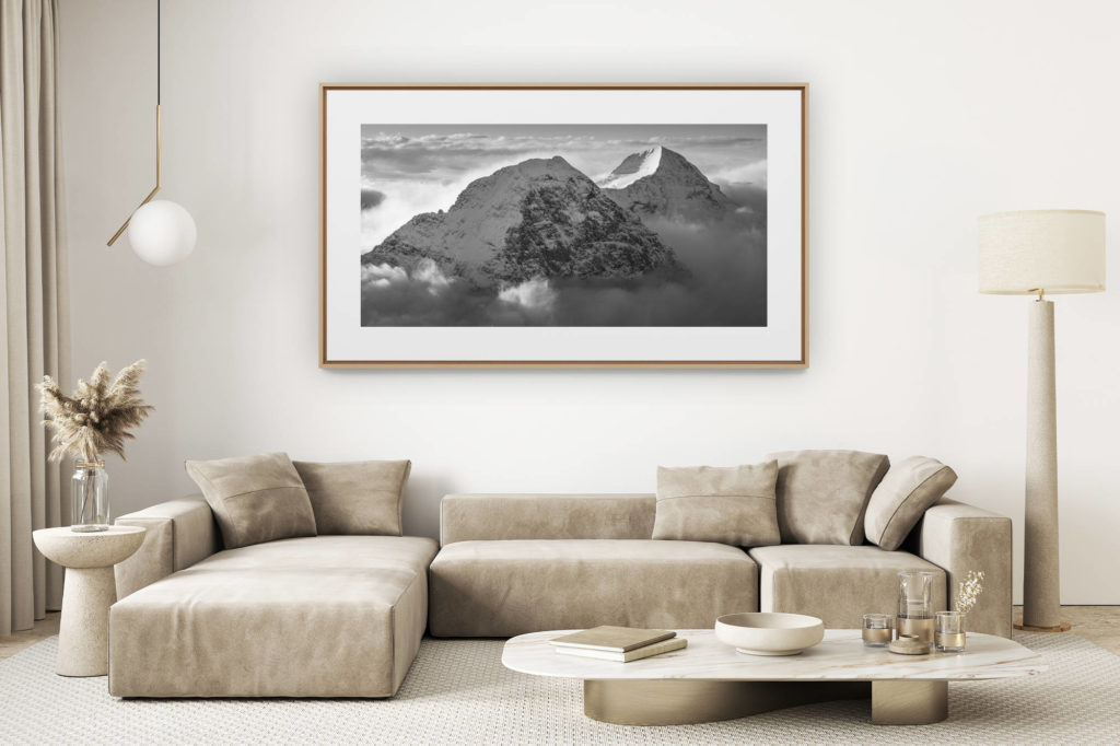décoration salon clair rénové - photo montagne grand format - Eiger photos face nord - eiger monch - mer de nuage montagne