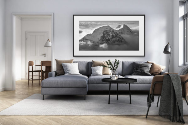 décoration intérieur salon rénové suisse - photo alpes panoramique grand format - Eiger photos face nord - eiger monch - mer de nuage montagne