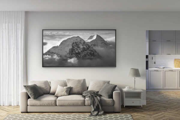 déco salon rénové - tendance photo montagne grand format - Eiger photos face nord - eiger monch - mer de nuage montagne