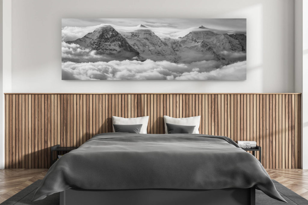décoration murale chambre adulte moderne - intérieur chalet suisse - photo montagnes grand format alpes suisses - Eiger - Monch - Jungfrau - Mer de nuage sur les Sommets des Alpes et le massif montagneux Bernois en Suisses