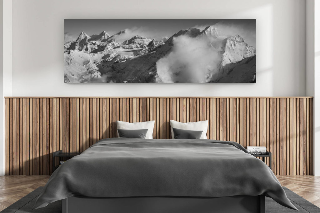 décoration murale chambre adulte moderne - intérieur chalet suisse - photo montagnes grand format alpes suisses - Eiger - Monch - Jungfrau - Blüemlisalp - Tableau panoramique montagne en noir et blanc des Alpes Suisses