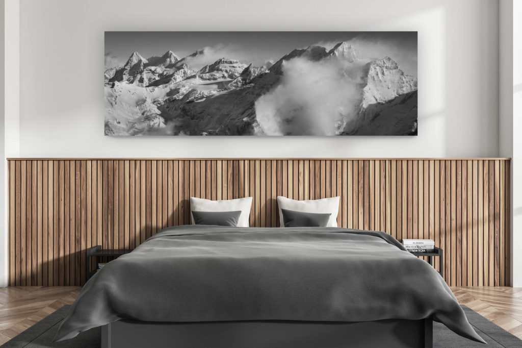modern adult bedroom wall decoration - swiss chalet interior - large size mountain picture swiss alps - Eiger - Monch - Jungfrau - Blüemlisalp - Black and white panoramic mountain picture of the Swiss Alps