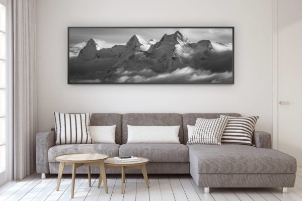 décoration murale design salon moderne - photo montagne grand format - Photo panoramique des alpes bernoises. Photo panoramique noir et blanc de l'Eiger, Monch et Jungfrau