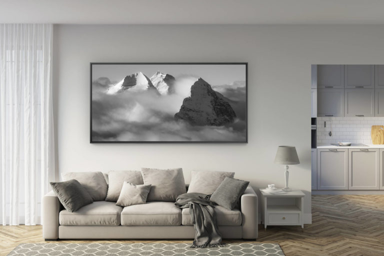 déco salon rénové - tendance photo montagne grand format - cadre photo montagne noir et blanc - achat photo montagne noir et blanc - tableau montagnes suisses