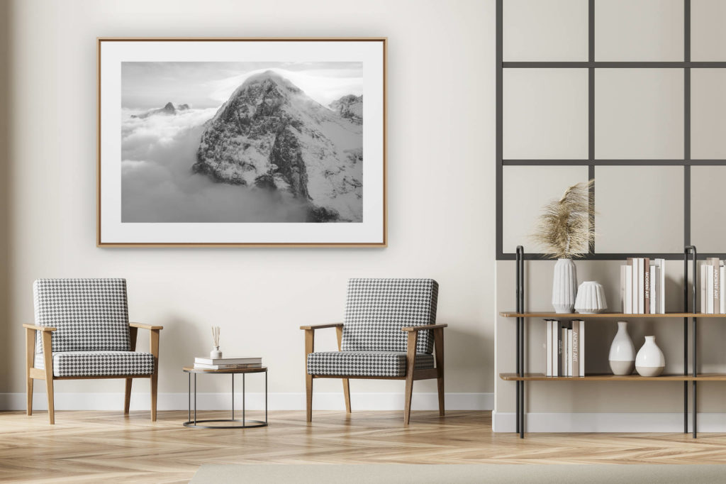 décoration intérieur moderne avec photo de montagne noir et blanc grand format - Eiger Grindelwald - image montagne enneigée en noir et blanc - Photo montagne dans la brume